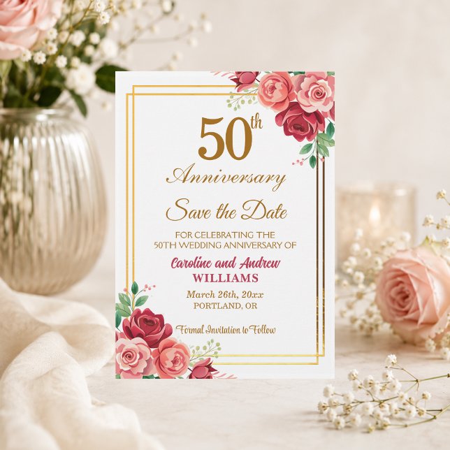 50th Wedding Anniversary Gold Frame Floral  Save The Date (Creator Uploaded)