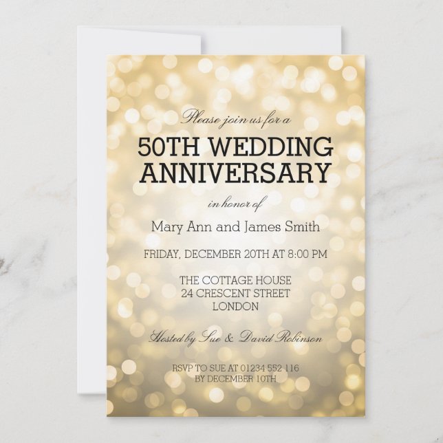 50th Wedding Anniversary Gold Glitter Lights Invitation (Front)