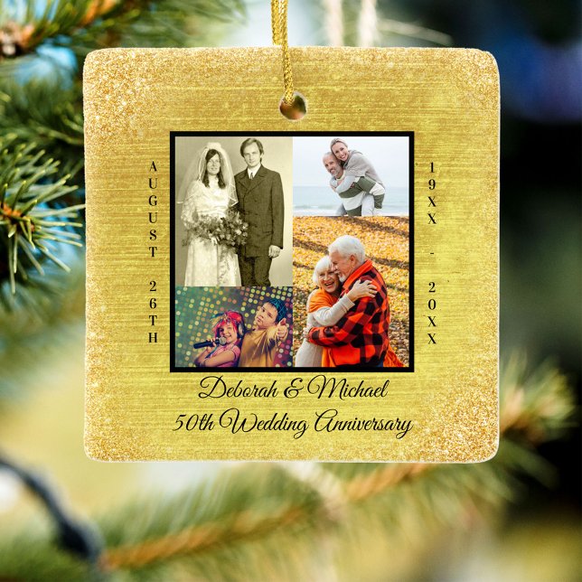 50th Wedding Anniversary Gold Glitter Photo Ceramic Ornament (Creator Uploaded)