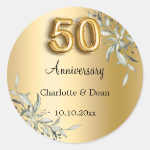 50th wedding anniversary gold greenery classic round sticker