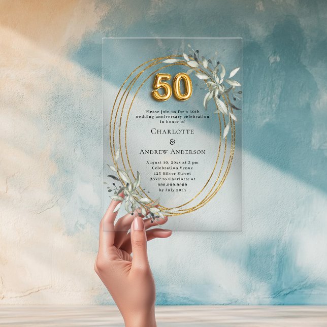 50th wedding anniversary gold greenery clear acrylic invitations (Creator Uploaded)