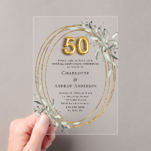 50th wedding anniversary gold greenery luxury acrylic invitations