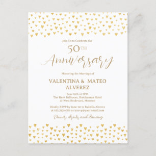 50th Wedding Anniversary Gold Heart Confetti Invitation Postcard