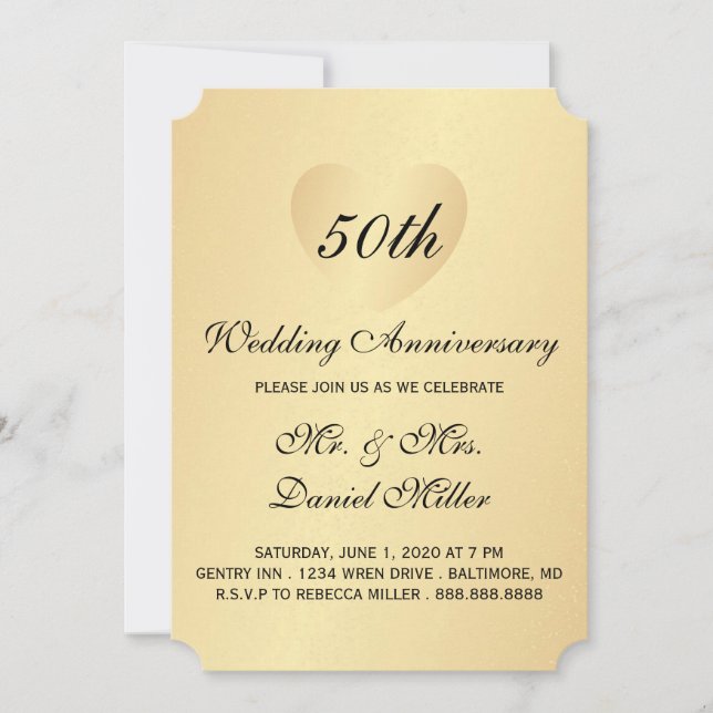 50th Wedding Anniversary Gold Heart Invitation (Front)