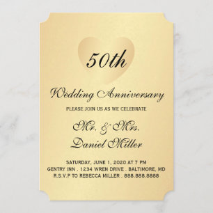 50th Wedding Anniversary Gold Heart Invitation