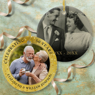 50th Wedding Anniversary Gold Hearts 2 Photo Ceramic Ornament