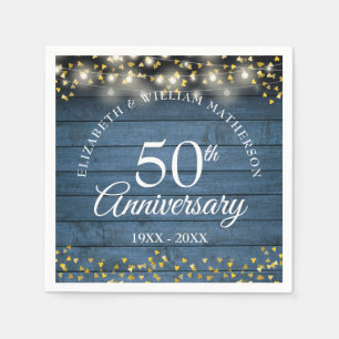 50th Wedding Anniversary Gold Hearts Blue Rustic Napkin