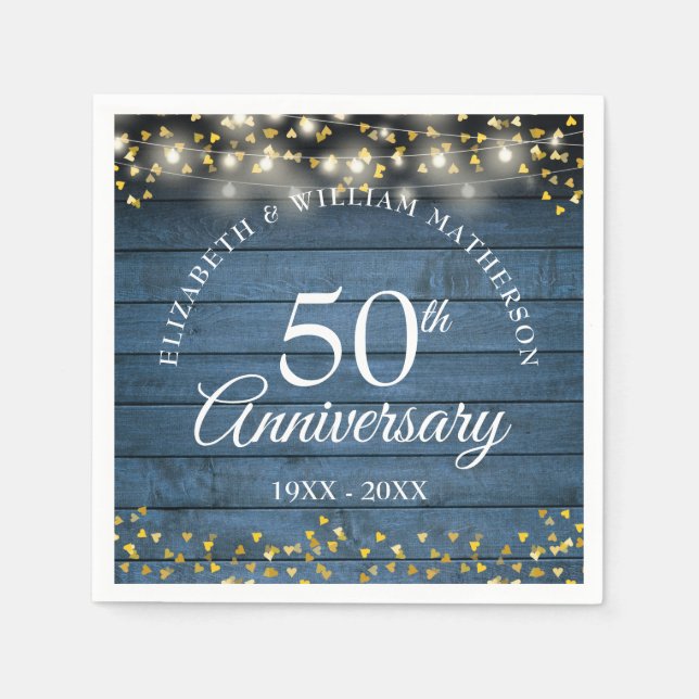 50th Wedding Anniversary Gold Hearts Blue Rustic Napkin (Front)