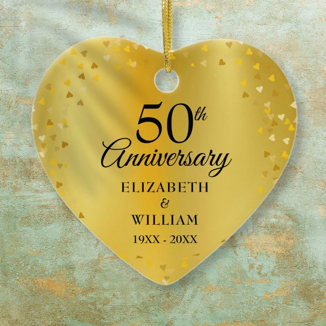 50th Wedding Anniversary Gold Hearts Confetti Ceramic Ornament (50th Wedding Anniversary Gold Hearts Confetti Ceramic Ornament)