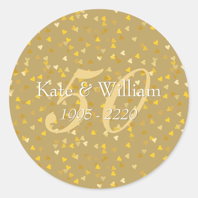 50th Wedding Anniversary Gold Hearts Confetti Classic Round Sticker (Front)
