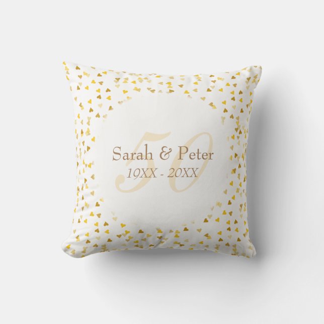 50th Wedding Anniversary Gold Hearts Confetti Cushion (Front)