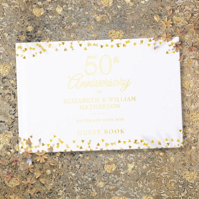 50th Wedding Anniversary Gold Hearts Confetti Guest Book (50th Wedding Anniversary Gold Hearts Confetti Foil Guest Book)