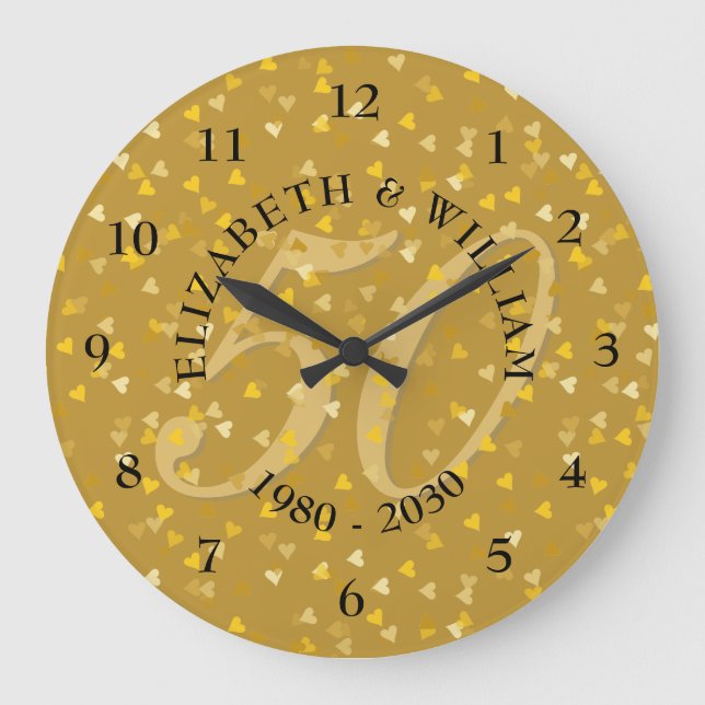 50th Wedding Anniversary Gold Hearts Confetti Large Clock (Front)