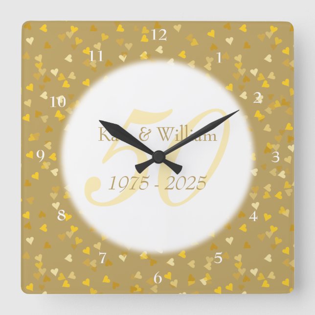50th Wedding Anniversary Gold Hearts Confetti Square Wall Clock (Front)