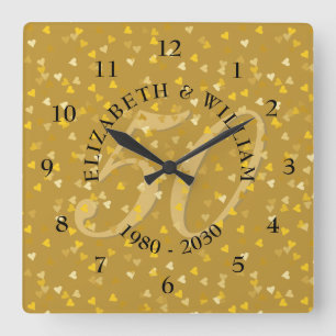 50th Wedding Anniversary Gold Hearts Confetti Square Wall Clock