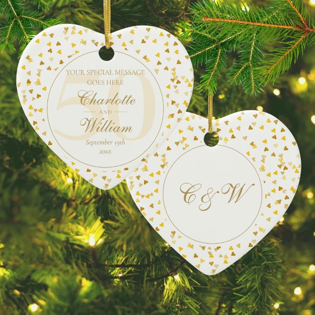 50th Wedding Anniversary Gold Hearts Monogram Ceramic Ornament (50th Wedding Anniversary Gold Hearts Monogram Ceramic Ornament)