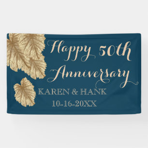 50th Wedding Anniversary Gold Leaf Elegant Blue Banner