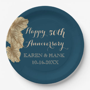 50th Wedding Anniversary Gold Leaf Navy Blue Paper Plate