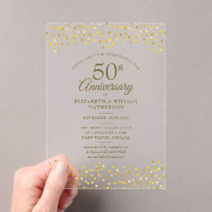 50th Wedding Anniversary Gold Love Hearts Confetti Acrylic Invitations