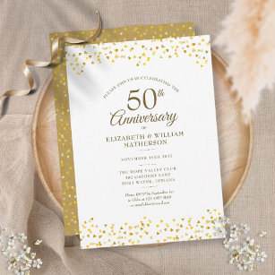 50th Wedding Anniversary Gold Love Hearts Confetti Invitation