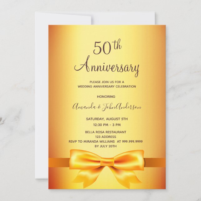 50th wedding anniversary gold metallic bow invitation (Front)