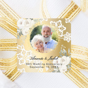 50th Wedding Anniversary gold photo florals Square Sticker