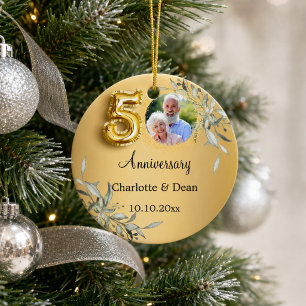 50th wedding anniversary gold photo greenery ceramic ornament