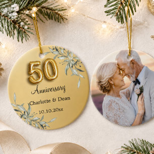 50th wedding anniversary gold photo greenery ceramic ornament