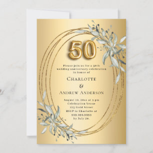 50th wedding anniversary gold photo greenery invitation