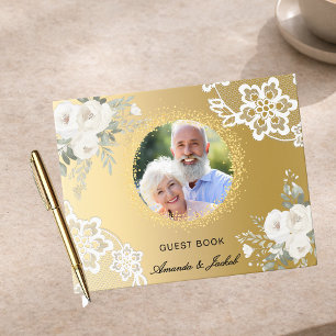 50th Wedding Anniversary gold photo lace floral Guest Book