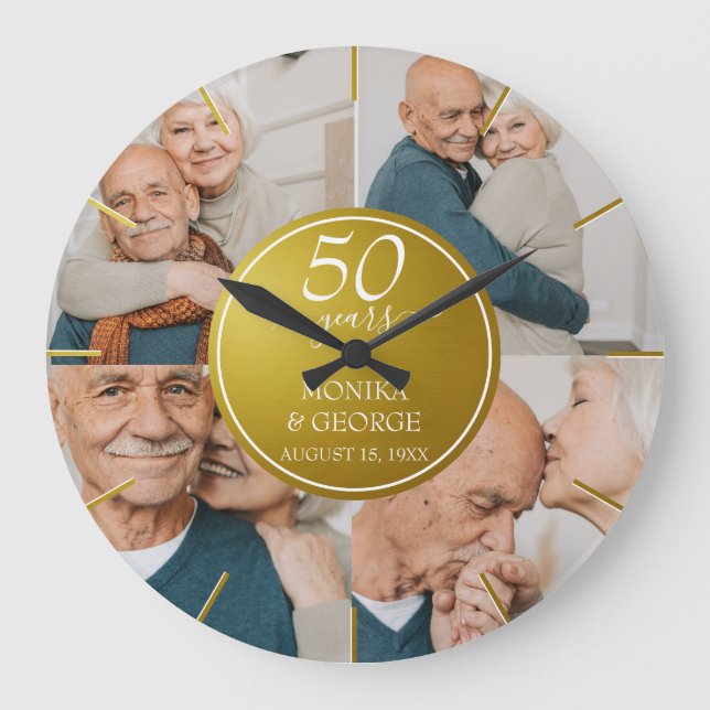 50th Wedding Anniversary Gold Photo Large Clock (Front)