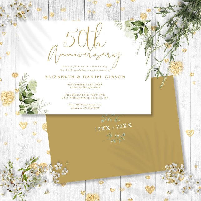 50th Wedding Anniversary Gold Script Floral Invitation (50th Wedding Anniversary Gold Script Floral Invitation)