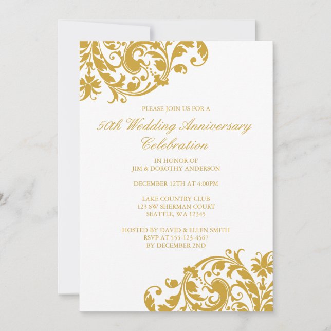 50th Wedding Anniversary Gold Swirl Flourish Invitation (Front)