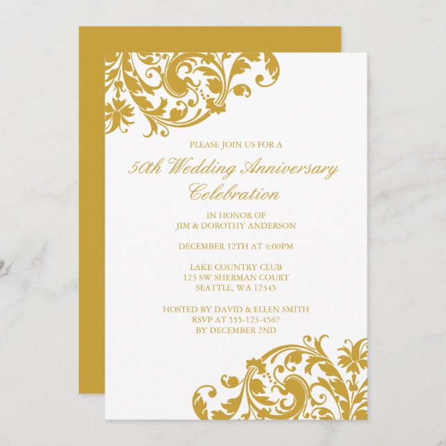 50th Wedding Anniversary Gold Swirl Flourish Invitation (Front/Back)