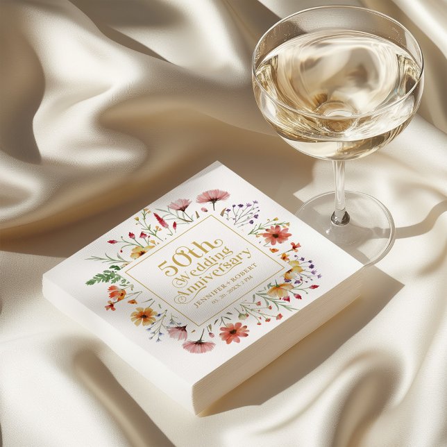 50th Wedding Anniversary Gold Typography Flower Napkin (Creator Uploaded)