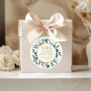 50th Wedding Anniversary Gold Typography  Greenery Classic Round Sticker