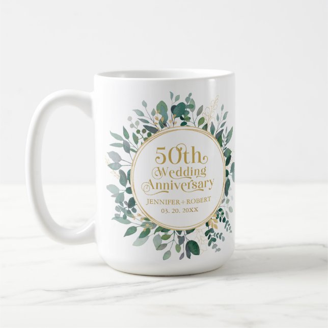 50th Wedding Anniversary Gold Typography  Greenery Coffee Mug (Left)