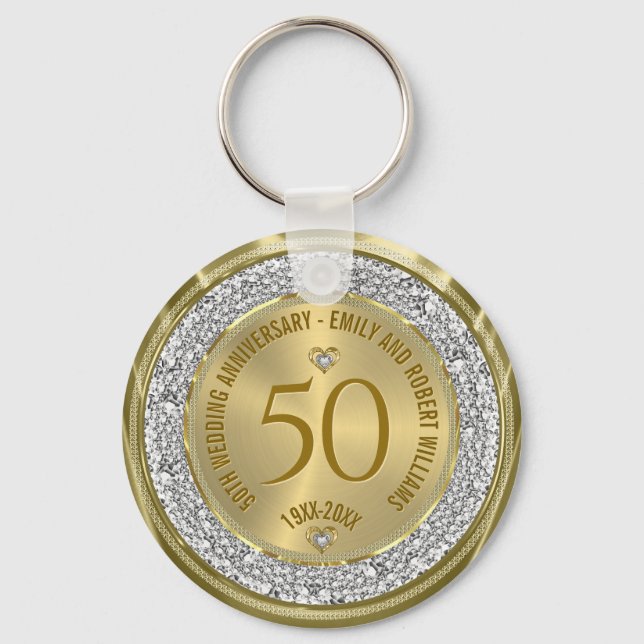 50th Wedding Anniversary Gold White Diamonds Key Ring (Front)