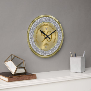 50th Wedding Anniversary Gold White Diamonds Large Clock