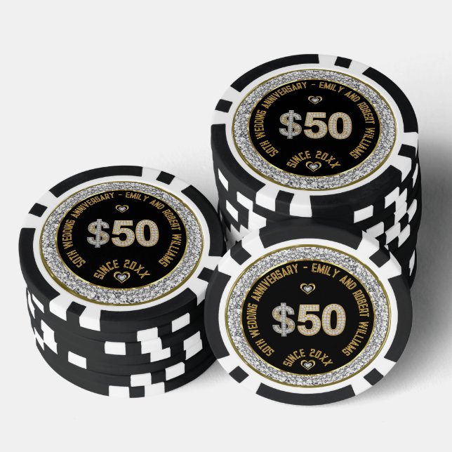 50th Wedding Anniversary Gold White Diamonds Pok Poker Chips (Stack)