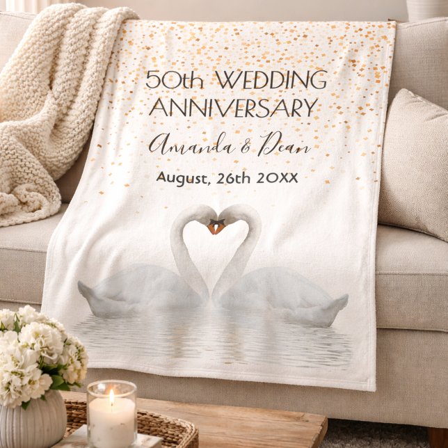 50th wedding anniversary gold white swans in love fleece blanket (Creator Uploaded)