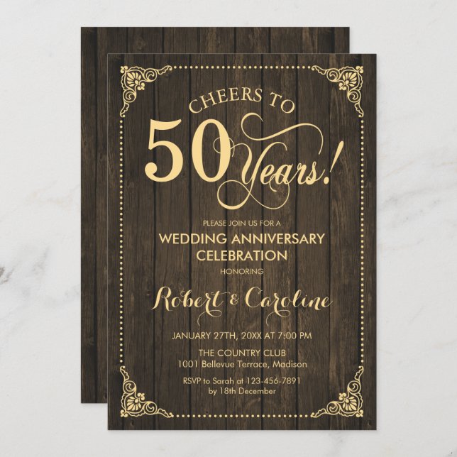 50th Wedding Anniversary - Gold Wood Invitation (Front/Back)