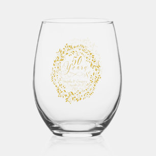 50th Wedding Anniversary Gold Wreath Stemless Wine Glass