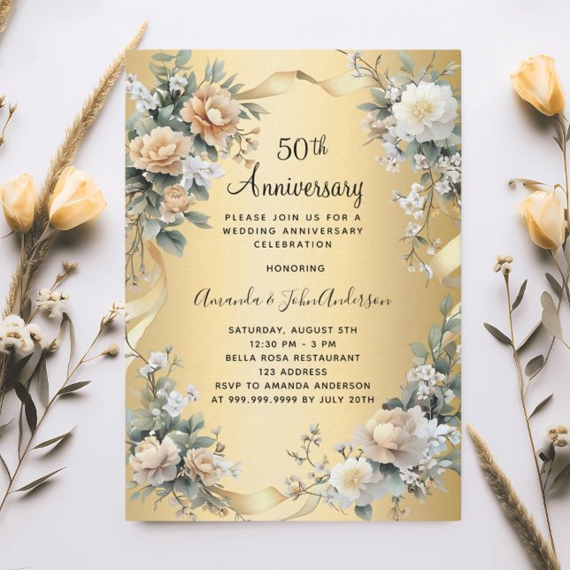 50th wedding anniversary gold yellow floral luxury invitation (Creator Uploaded)