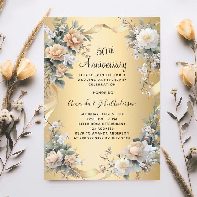 50th wedding anniversary gold yellow florals invitation (Creator Uploaded)
