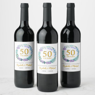 50th Wedding Anniversary Golden Bluebells Wreath Wine Label