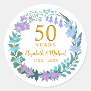 50th Wedding Anniversary Golden Floral Bluebells Classic Round Sticker