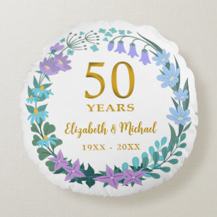 50th Wedding Anniversary Golden Floral Bluebells Round Cushion