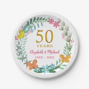 50th Wedding Anniversary Golden Floral Butterfly Paper Plate