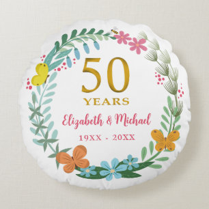 50th Wedding Anniversary Golden Floral Butterfly Round Cushion